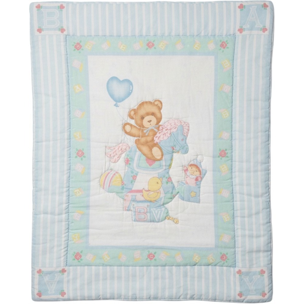 Little Bedding Vintage 1992 Baby Quilt Teddy Bear Rocking Horse Blue Striped USA